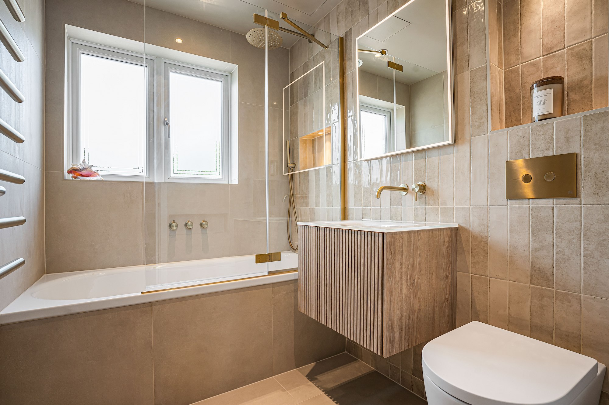 The Apollo Beige & Fluted Oak Bathroom
